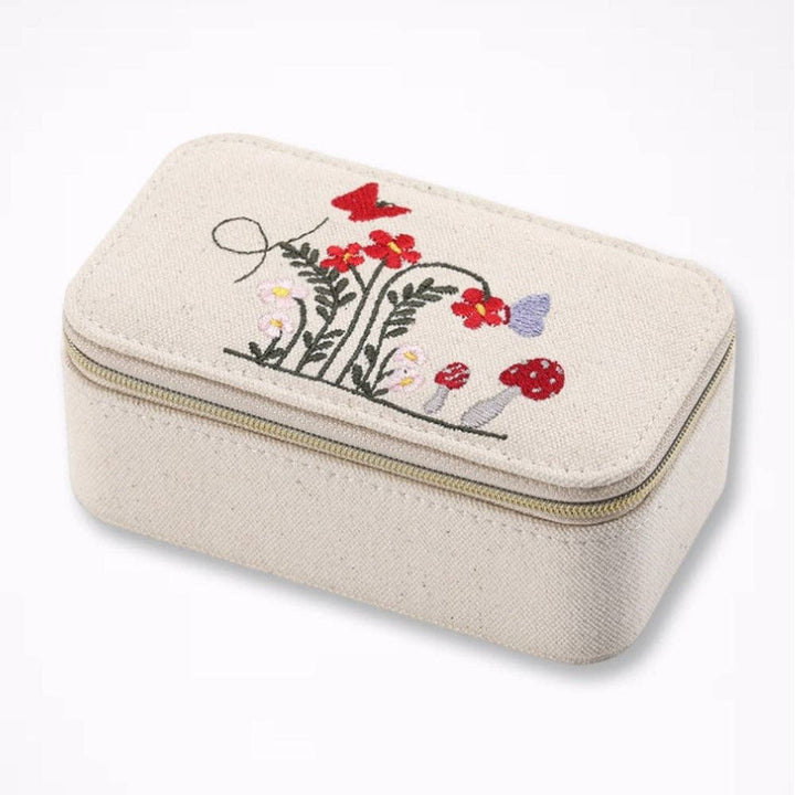 Embroidered Canvas Jewelry Box with Metal Zipper N6E072