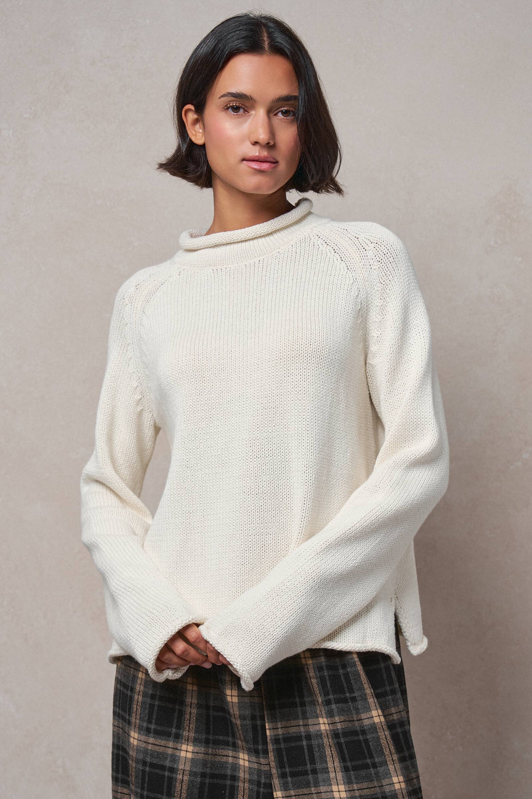 Striped Mock Neck Cotton Knit Sweater