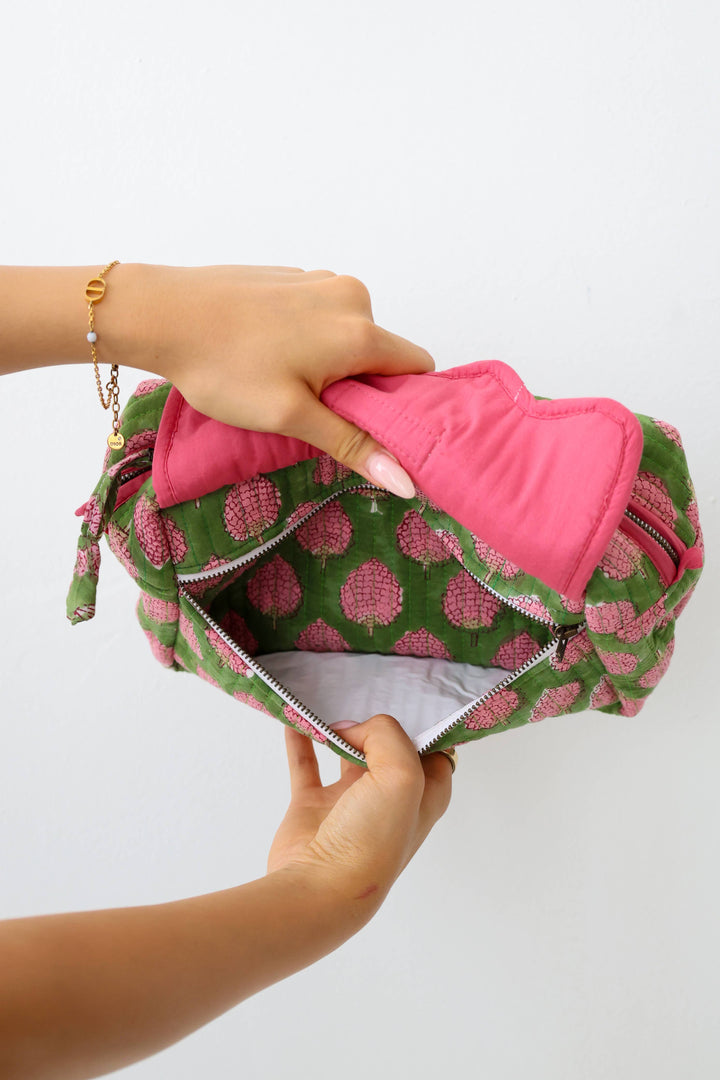 Scalloped Block Print Toiletry Bag Cotton Makeup Travel Case