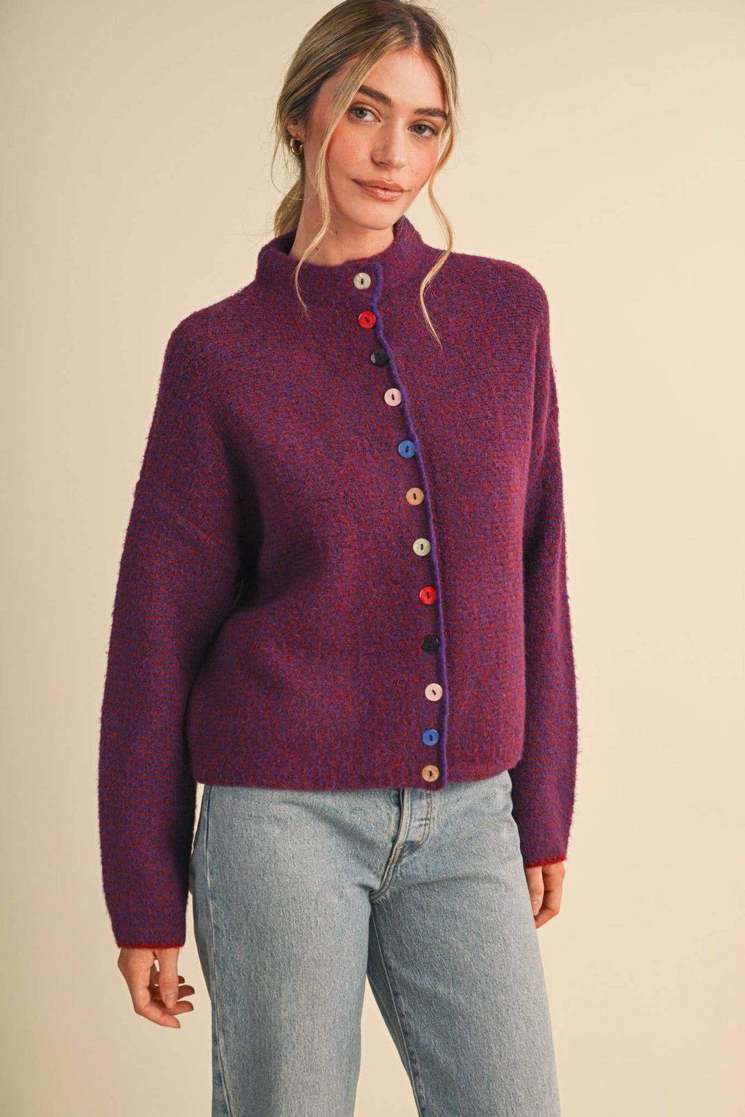 STRIPED SWEATER CARDIGAN WITH COLORFUL BUTTONS MS112