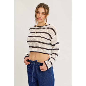 LAID BACK STAPLE STRIPE COTTON SWEATER WITH CONTRAST TRIM
