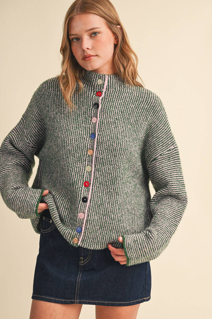 STRIPED SWEATER CARDIGAN WITH COLORFUL BUTTONS MS112