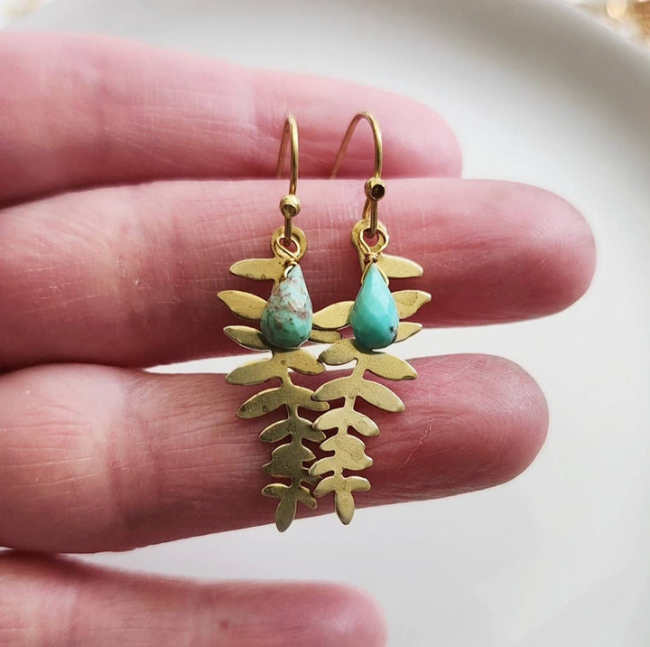 Turquoise Briolette Droplet and Fern Leaf Dangle Earrings