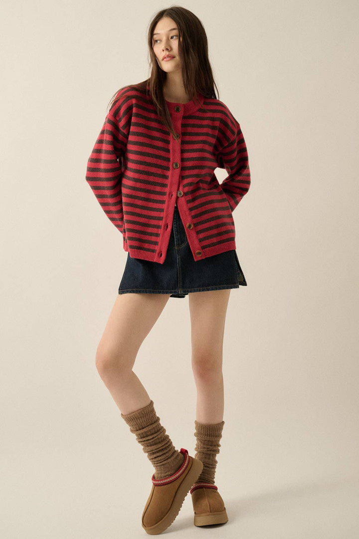 Striped Knit Crewneck Button-Front Relaxed-Fit Cardigan