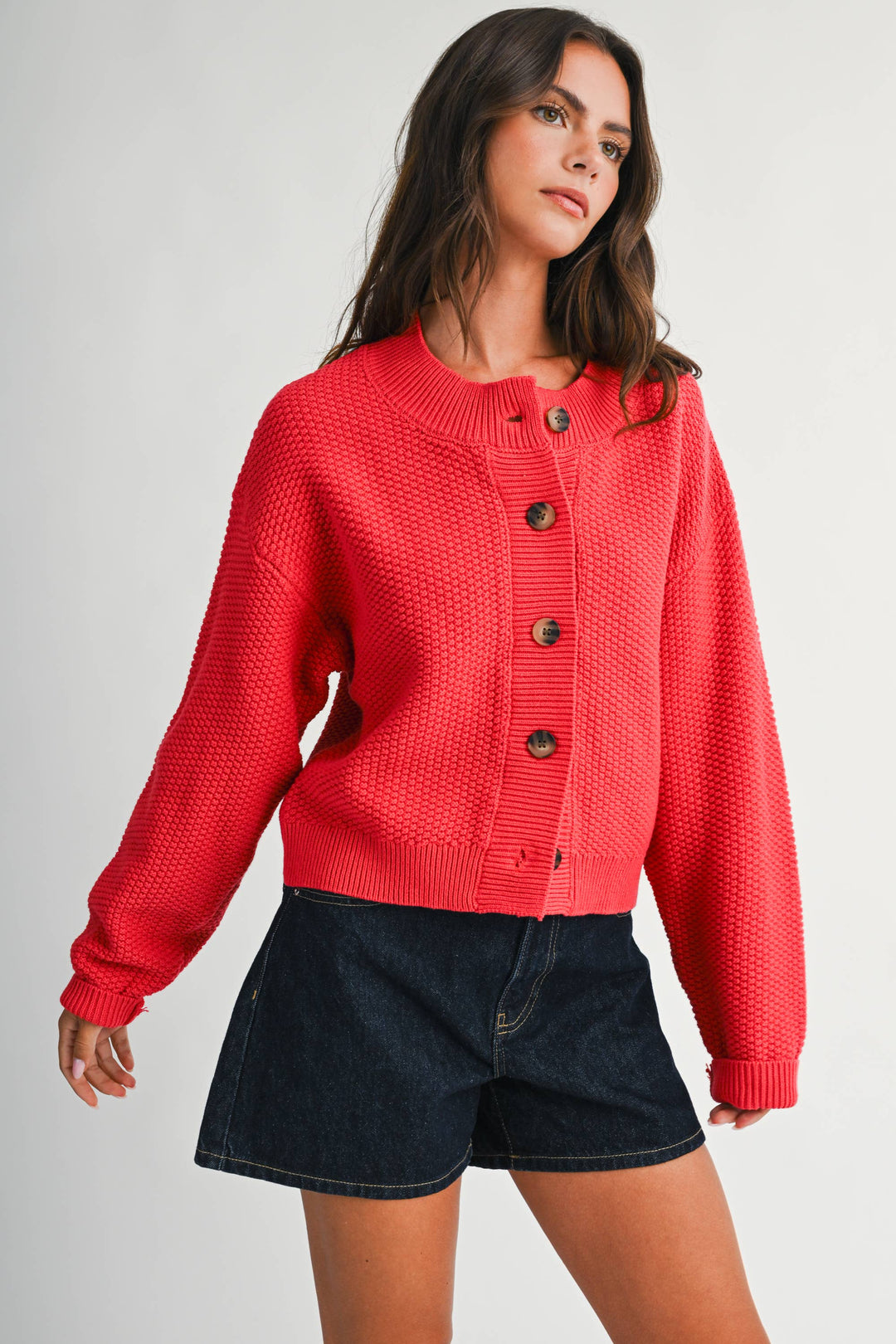 336K Textured Button Front Cardigan Sweater