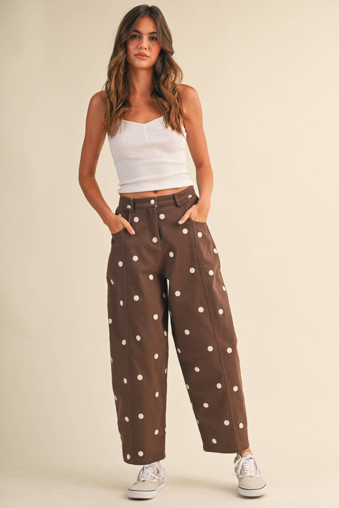 IP1390 POLKADOT STRETCH TWILL MID WAIST BARREL PANTS