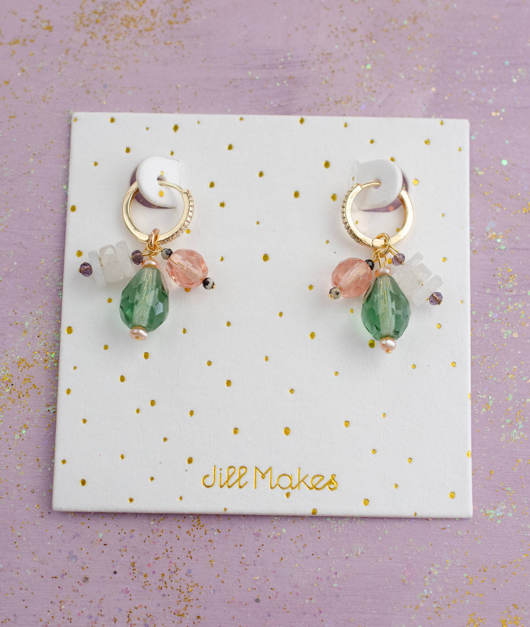 Green &amp; Pink Moonstone Charm Hoop Earrings JM764