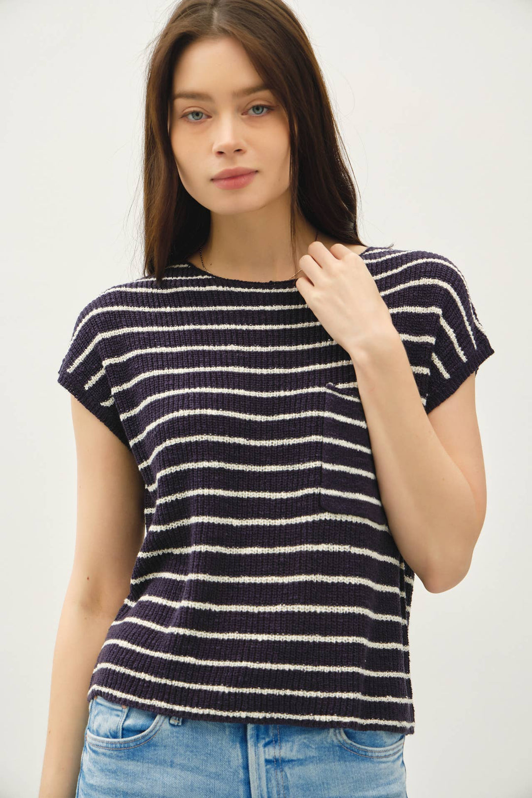 STRIPED CAP SLEEVE SWEATER W FRONT PATCH POCKET BC564