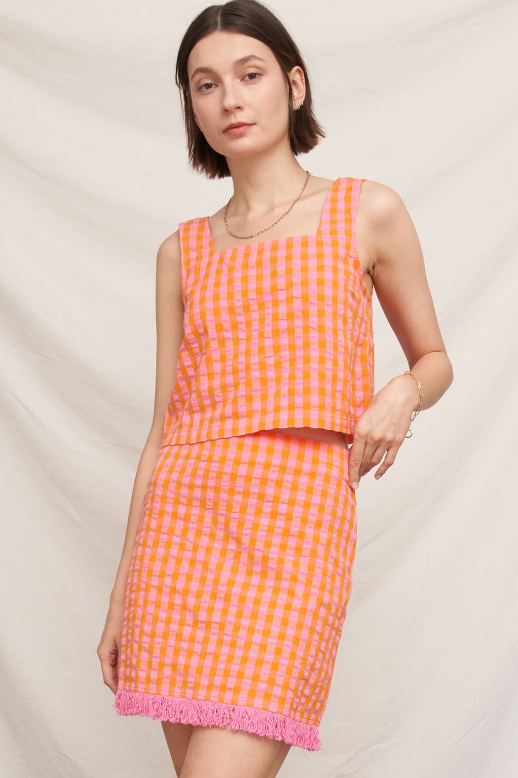 Sleeveless Square Neck Plaid Cropped Top EC763