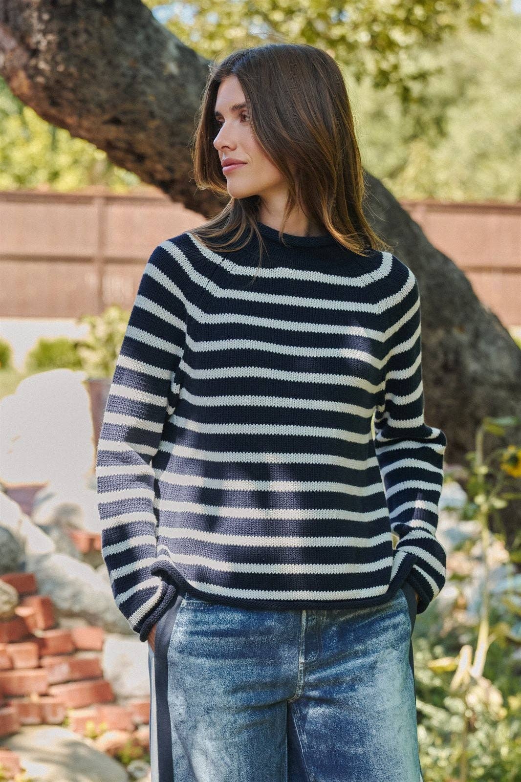 Striped Mock Neck Cotton Knit Sweater