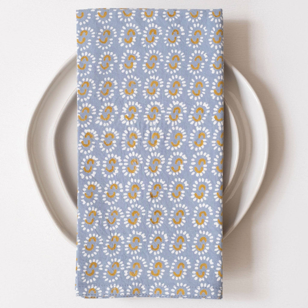 Sunburst Dusty Blue Block Printed Napkins - set of 4 GM10