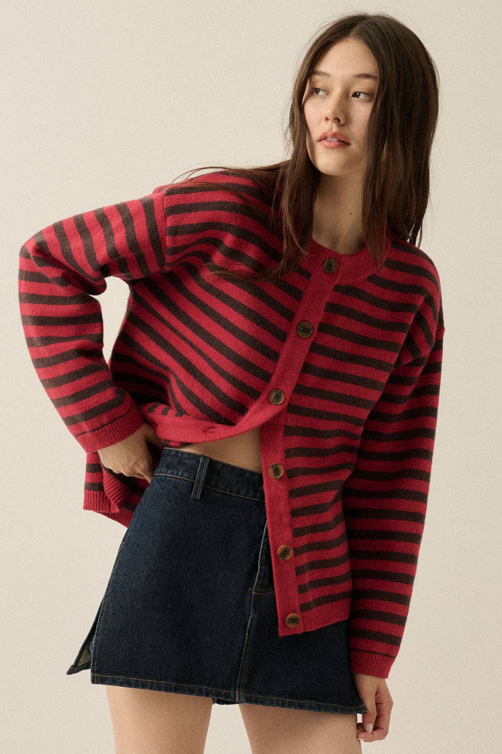 Striped Knit Crewneck Button-Front Relaxed-Fit Cardigan