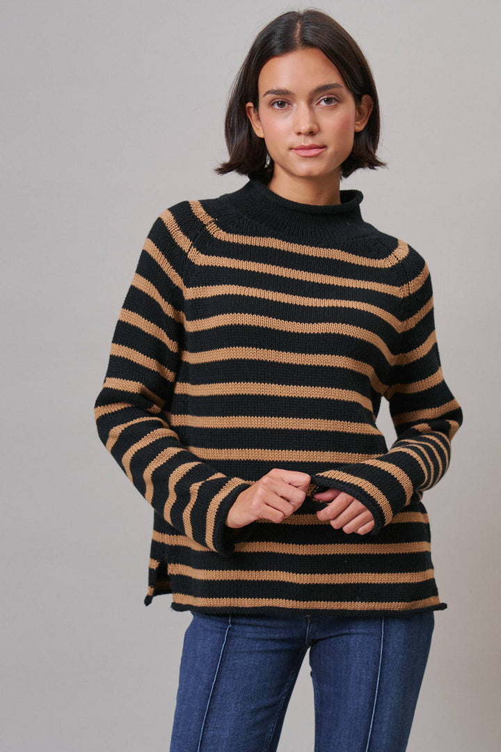 Striped Mock Neck Cotton Knit Sweater