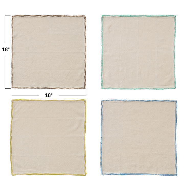 Cotton Napkins w/ Blanket Stitch Colored Edge, Set of 4