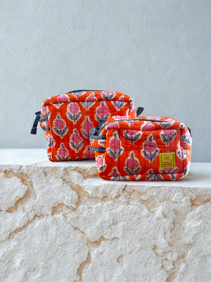 Orange - Quilted Hand-Block Printed Travel Makeup Pouches (Set of 2)