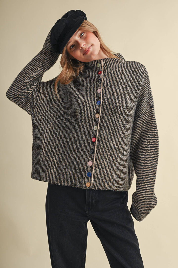STRIPED SWEATER CARDIGAN WITH COLORFUL BUTTONS MS112