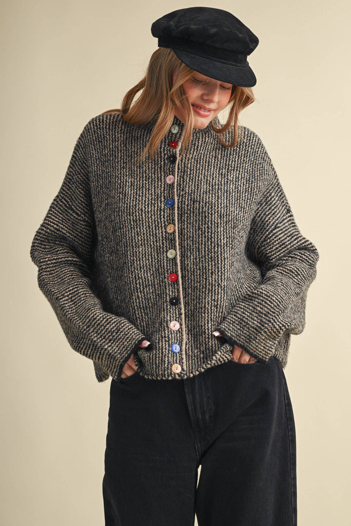 STRIPED SWEATER CARDIGAN WITH COLORFUL BUTTONS MS112