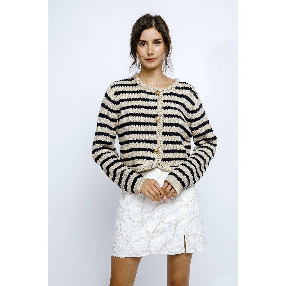 JT944- NAUTICAL STRIPED RIBBED THICK KNIT CARDIGAN