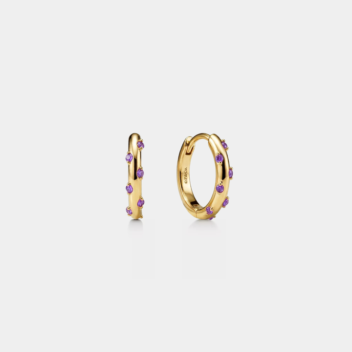 Red Purple Dot Huggie Hoop Earrings in 925 Sterling Silver