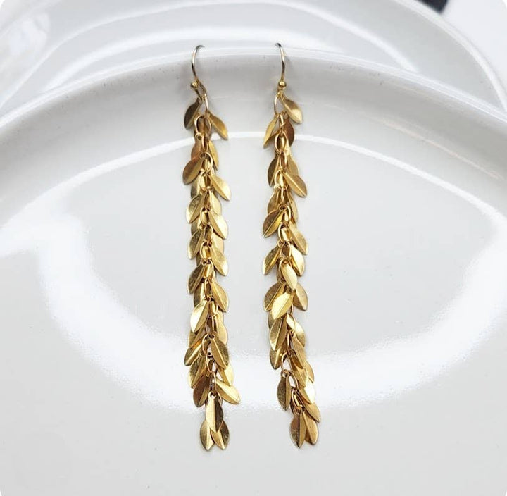 Brass Lightweight Leaf Chain and Labradorite Dangle Earrings