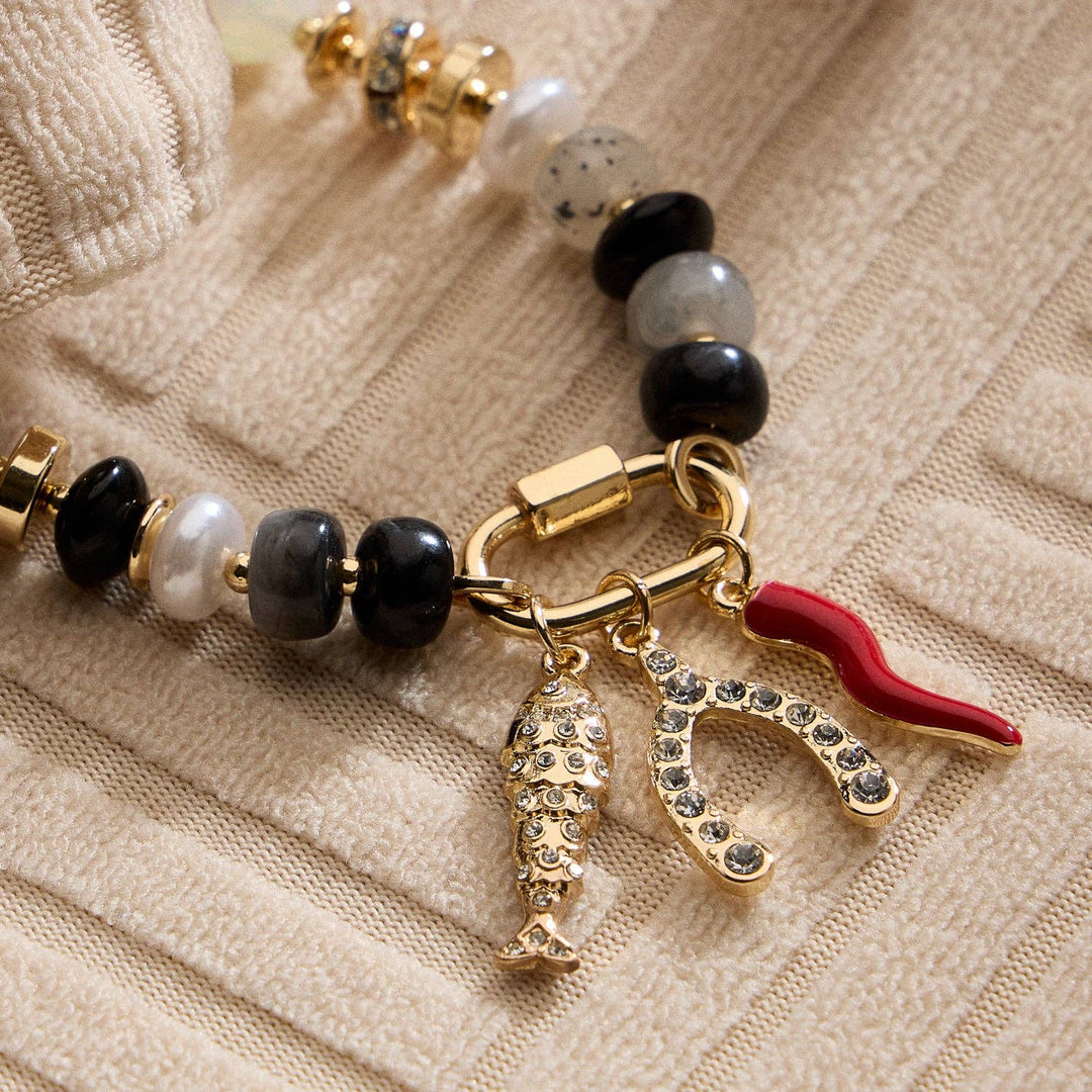 Colorful Beaded Charm Bracelet with Gold Trio Accent LLHB