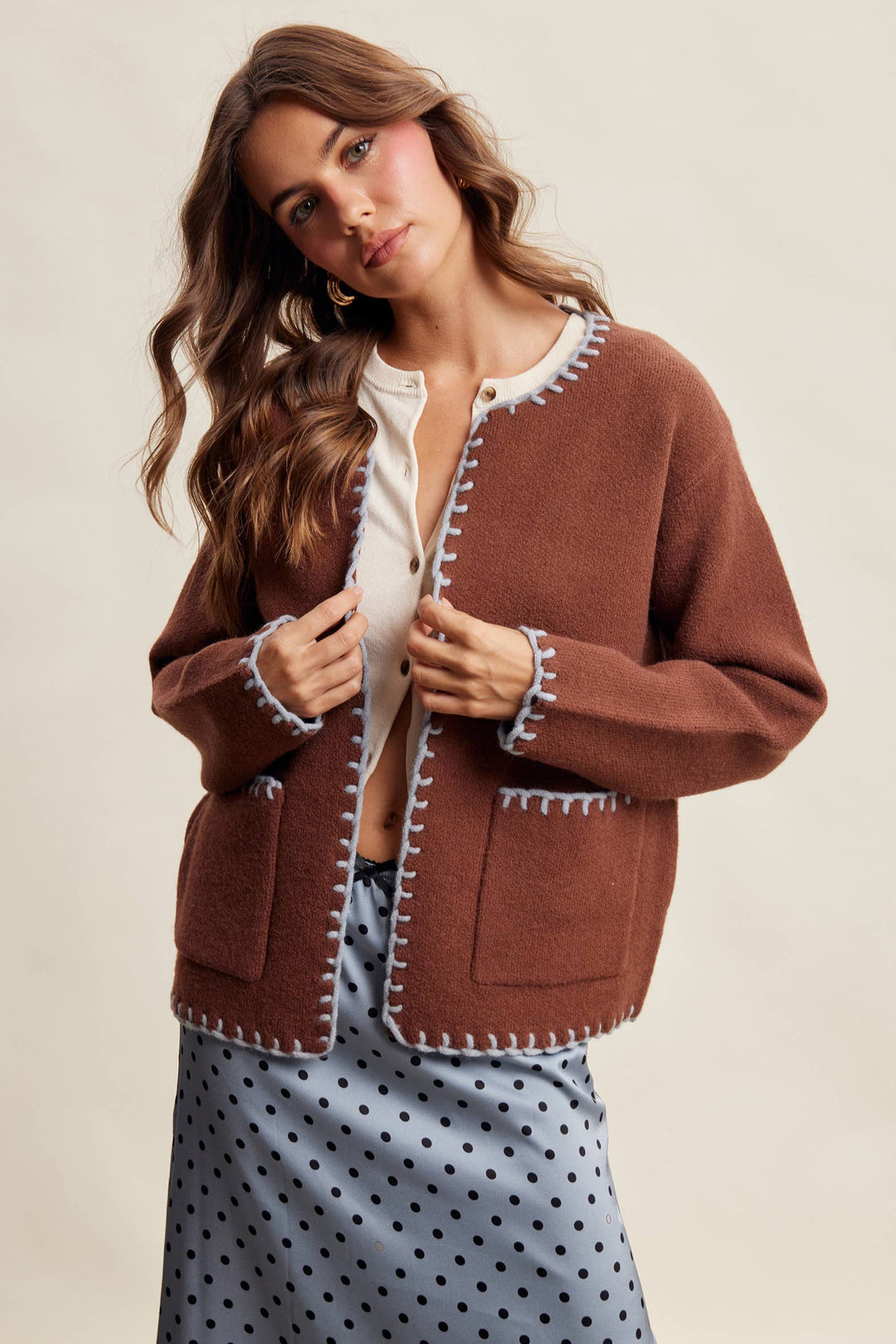 Contrast Whipstitch Knit Cardigan LSW1066