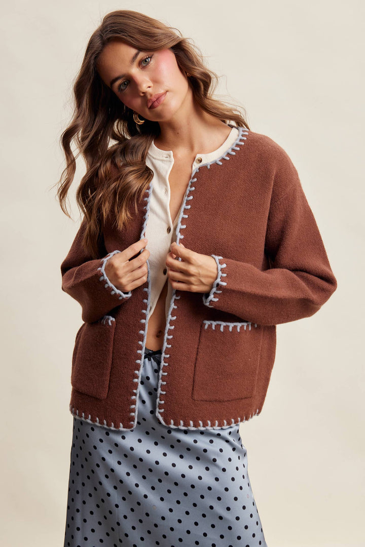 Contrast Whipstitch Knit Cardigan LSW1066