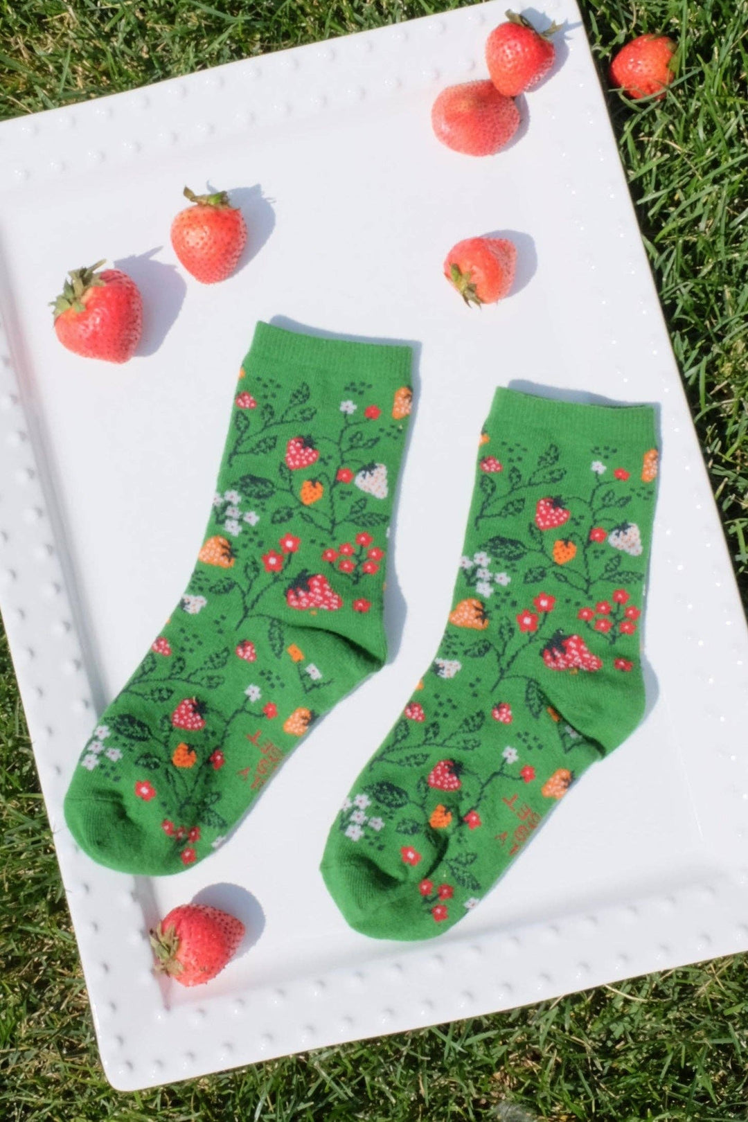 Green Strawberry Floral Whimsical Print Crew Socks