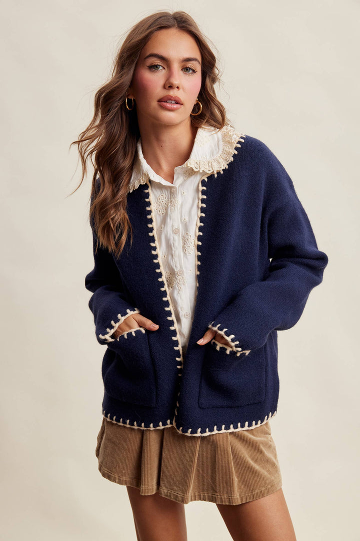 Contrast Whipstitch Knit Cardigan LSW1066