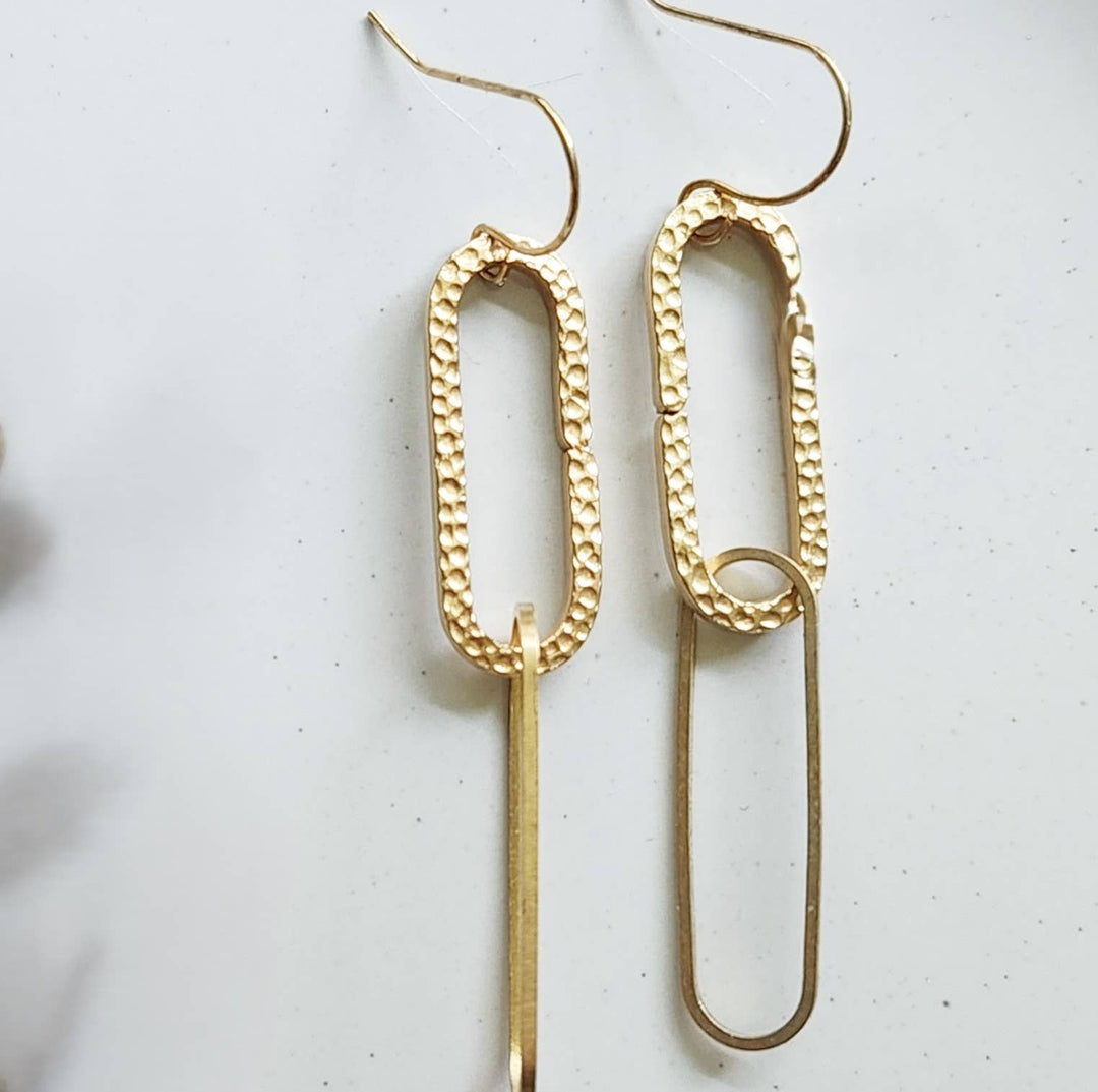 Textured Brass Paperclip Link Statement Dangle Earrings