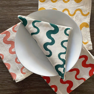 Hand Printed Natural Cotton Cloth Napkins, Wavy Stripes BB22