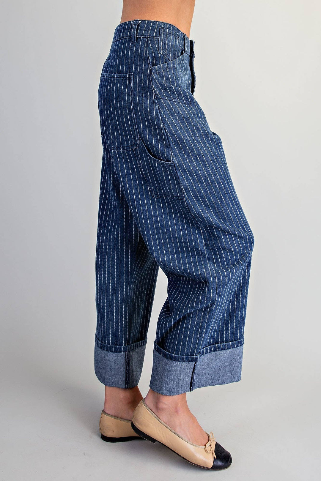 PL404 - STRIPED BARREL LEG CUFFED PANTS