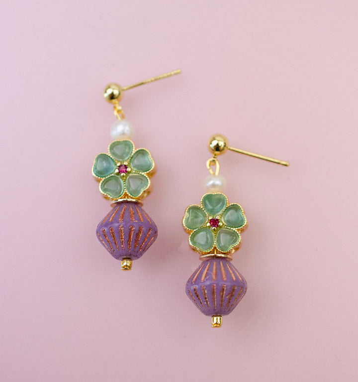 Beaded Green and Purple Dangle Earrings JM129