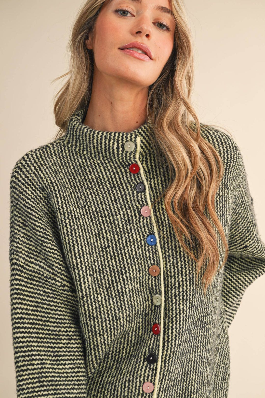 STRIPED SWEATER CARDIGAN WITH COLORFUL BUTTONS MS112