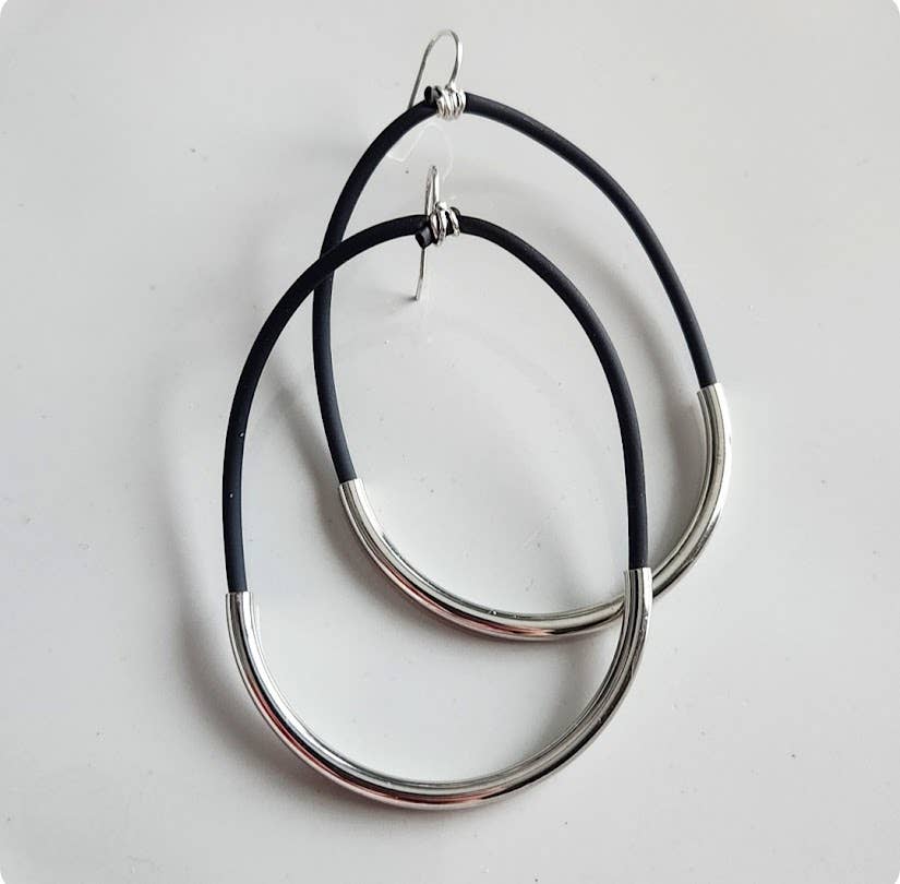 Threaded Black Rubber, Brass &amp; Silver Hoop Dangle Earrings