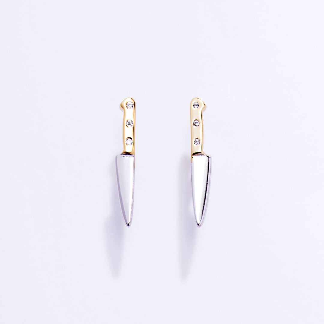 14K Gold Plated &amp; CZ Butcher Knife Stud Earrings
