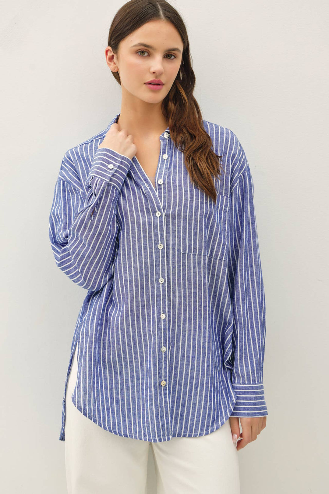 COTTON LINEN BLEND LONG SLEEVE BUTTON UP SHIRT BC4298