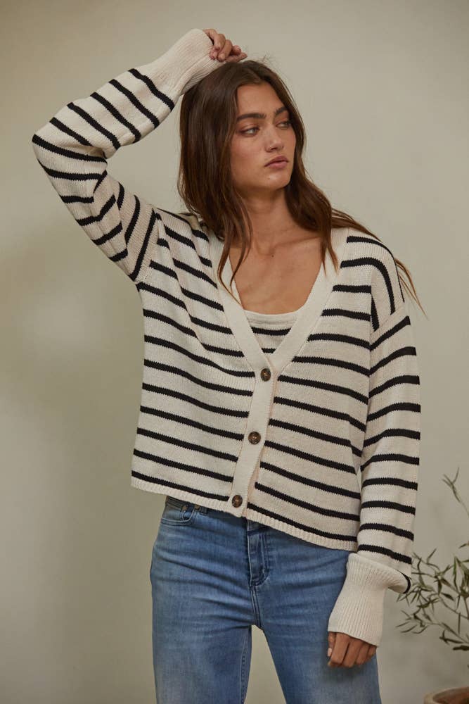 W1160 | Knit Sweater Cotton Stripe V-Neck Cardigan