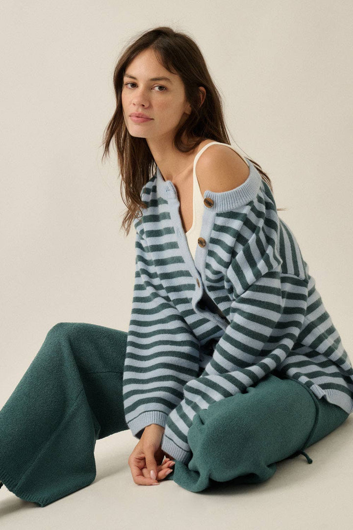 Striped Knit Crewneck Button-Front Relaxed-Fit Cardigan