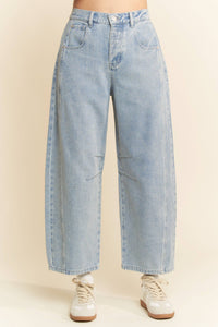 PATCH POCKET WIDE LEG CULOTTE DENIM BARREL PANTS