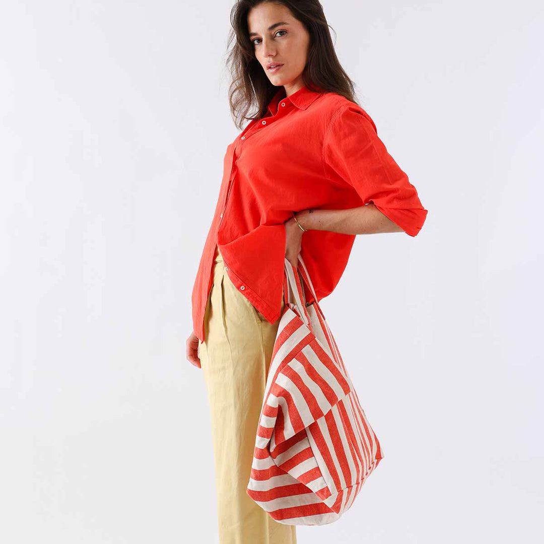 ELISA TOTE BAG STRIPES GREIGE / TOMATO