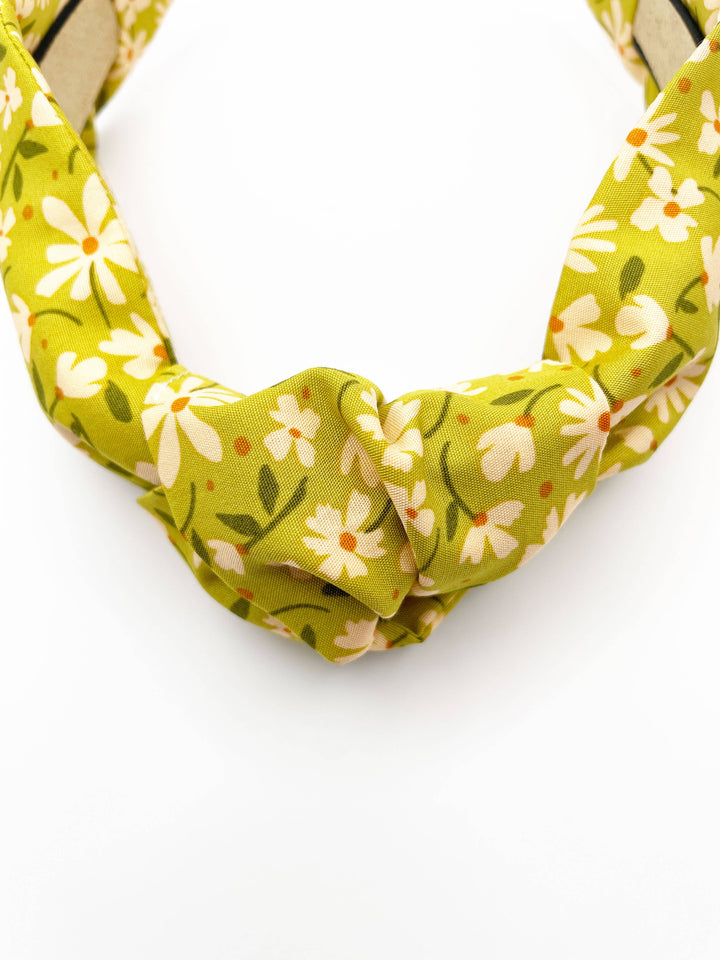 Green Knotted Headbands With Cream Flowers, Boho Hair Bands