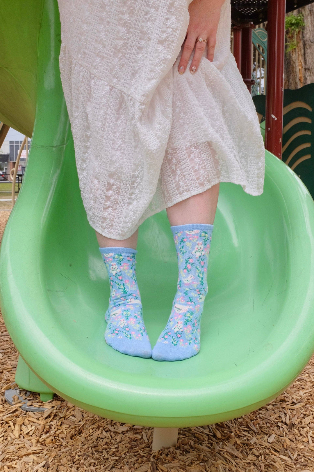 Blue Floral Meadow Bunny Duck Ribbed Print Crew Socks