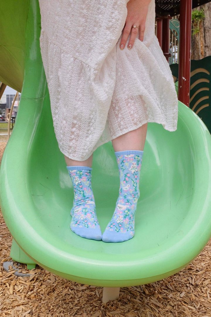 Blue Floral Meadow Bunny Duck Ribbed Print Crew Socks