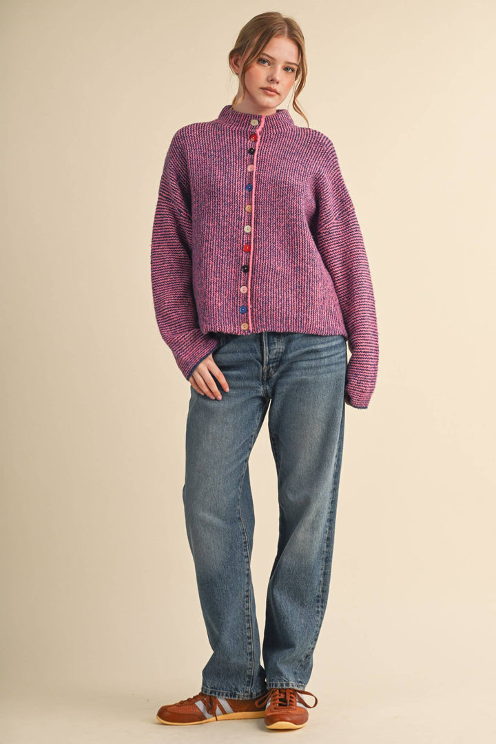 STRIPED SWEATER CARDIGAN WITH COLORFUL BUTTONS MS112