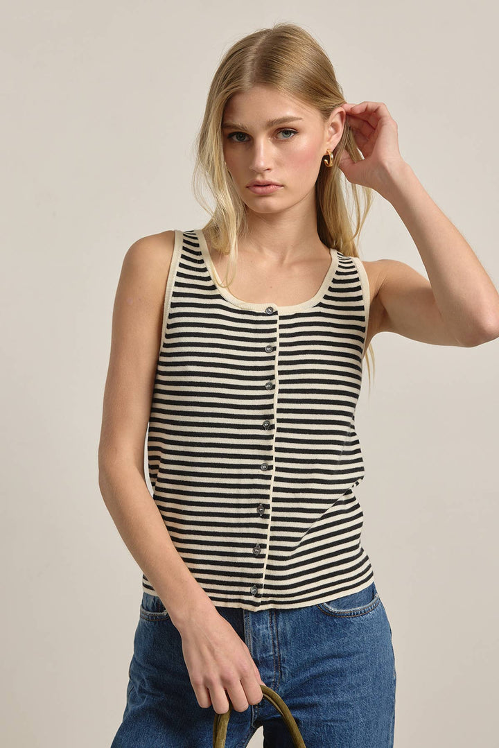 Striped Knit Button Tank Top - RN36