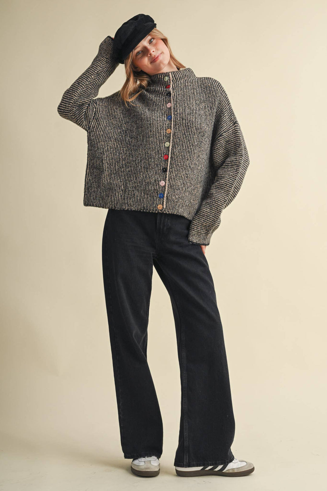 STRIPED SWEATER CARDIGAN WITH COLORFUL BUTTONS MS112