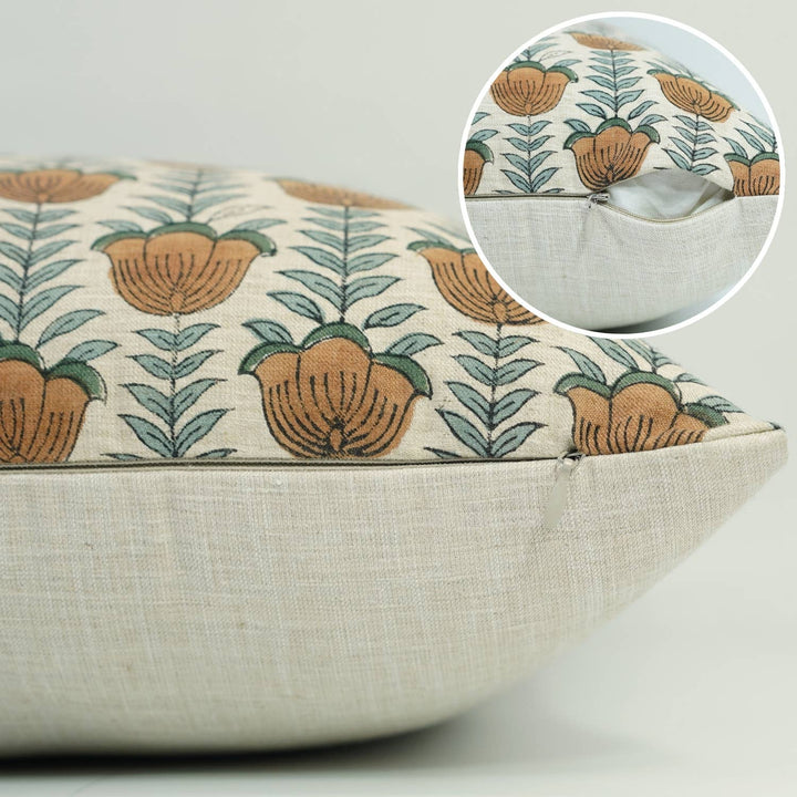 Floral Block Print Linen Blend Pillow Cover - Lotus FB04