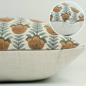 Floral Block Print Linen Blend Pillow Cover - Lotus FB04