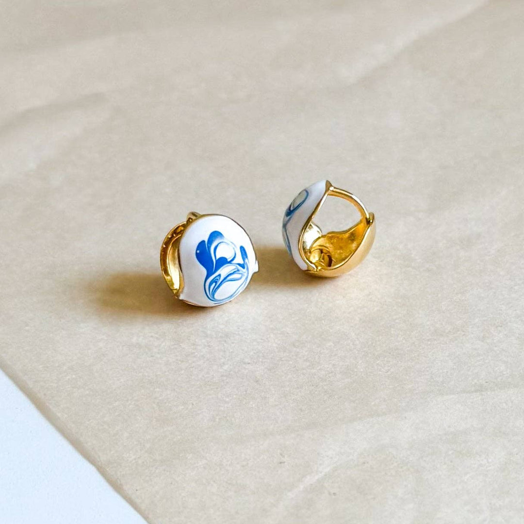 Blue and Porcelain Hoop Earrings